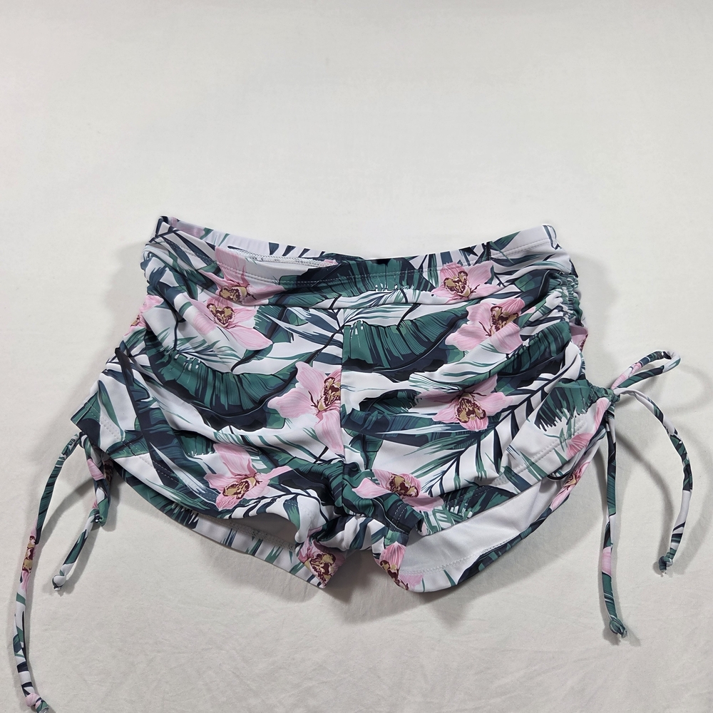 HOLIPICK Bikini Bottoms Swim Shorts Floral Tropical Shirred Sides Pink Green